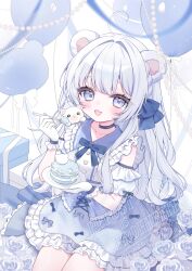  1girl absurdres ahoge animal-themed_food animal_ears balloon beads bear-shaped_buttons bear_ears bear_girl black_choker blue_bow blue_bowtie blue_eyes blue_hair blue_skirt blush bow bowtie box braid bubble_skirt buttons cake center_frills choker collarbone collared_shirt commentary commission detached_sleeves fang feet_out_of_frame flat_chest flower food fork frilled_bow frilled_gloves frilled_shirt frilled_shirt_collar frilled_skirt frills gift gift_box gloves hair_bow hair_intakes hand_up heart heart_button heart_in_eye highres holding holding_fork holding_plate indie_virtual_youtuber kumano_miko long_hair looking_at_viewer miniskirt paw_print plate puffy_short_sleeves puffy_sleeves puritan_collar rose shirt short_sleeves side_braid sidelocks sitting skin_fang skirt skirt_bow sleeve_bow sleeveless sleeveless_shirt solo streamers sugar0504 symbol_in_eye untranslatable_commentary virtual_youtuber watermark wavy_hair white_flower white_gloves white_rose white_sleeves 