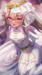  1girl :d \||/ arm_at_side belt blush bouquet bridal_veil bride brown_hair button_eyes buttons charlotta_skopovskaya charlotta_skopovskaya_(innocent_nevesta) copyright_name copyright_notice diamond-shaped_pupils diamond_(shape) dress dutch_angle eyelashes feet_out_of_frame floating_hair flower furrowed_brow glint gold_belt gold_tiara hair_behind_ear hair_between_eyes hand_up heaven_burns_red high_heels highres indoors jewelry long_dress long_hair looking_at_viewer official_alternate_costume official_art official_wallpaper open_mouth red_flower red_rose ring rose sidelocks sitting sleeves_past_wrists smile solo sparkle symbol-shaped_pupils teeth upper_teeth_only veil very_long_hair wariza wedding_dress wedding_ring white_dress white_veil wide_sleeves 