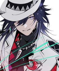  1boy adjusting_clothes adjusting_headwear ashveil_(honkai:_star_rail) black_hair closed_mouth commentary_request hair_between_eyes hat highres honkai:_star_rail honkai_(series) jacket jewelry kkno_k lapels looking_to_the_side male_focus necklace notched_lapels open_clothes open_jacket shirt sideways_glance simple_background smile solo upper_body violet_eyes white_background white_hat white_jacket 