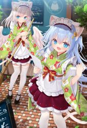  2girls :d animal_ear_fluff animal_ears apron black_shoes blue_eyes blue_hair blurry blurry_background blush bow brick_floor broom cat_ears cat_girl cat_tail closed_mouth commentary_request feathered_wings feet_out_of_frame frilled_apron frilled_skirt frills green_kimono hair_between_eyes hair_ornament hands_up holding holding_broom holding_paper japanese_clothes kimono long_hair long_sleeves maid_headdress multiple_girls one_side_up open_mouth original pantyhose paper red_bow red_skirt shoes skirt smile standing striped_bow tail thigh-highs waist_bow white_apron white_hair white_pantyhose white_thighhighs white_wings wide_sleeves wings yano_mitsuki_(nanairo) zettai_ryouiki 