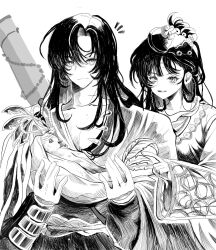  1boy 1girl animal bird cape cheng_heguang closed_mouth hair_bun hands_up highres holding holding_animal index_finger_raised japcho long_hair looking_at_viewer notice_lines paper_heron pointing reverse:1999 upper_body white_background 