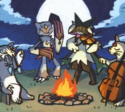  2others :3 animal_hands black_fur blue_eyes bright_pupils campfire cello chest_jewel chien-pao closed_eyes closed_mouth fang forehead_jewel full_body full_moon furry gem green_fur green_hair grey_fur highres instrument long_claws meowscarada metikyun moon multiple_others night other_focus outdoors persian_(pokemon) pink_eyes pokemon pokemon_(creature) purple_fur red_gem short_hair sneasler snow_leopard standing tusks two-tone_fur violin white_fur white_pupils yaju&amp;u yellow_fur yellow_gem 