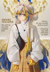  1girl absurdres alternate_costume arknights bespectacled black-framed_eyewear blonde_hair blue_eyes blue_hair brown_skirt closed_mouth colored_extremities commentary cover dragon_girl dragon_horns english_commentary english_text fake_magazine_cover glasses grey_hair hair_between_eyes hair_intakes heart heart_necklace highres holding horns jewelry light_smile long_hair looking_at_viewer magazine_cover multicolored_hair necklace nikov plaid_clothes plaid_skirt pointy_ears rectangular_eyewear shu_(arknights) skirt sleeves_past_wrists solo sweater turning_head turtleneck turtleneck_sweater white_sweater 