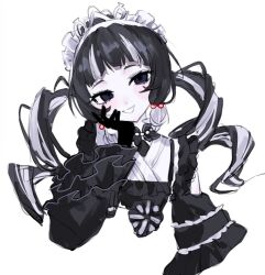 1girl black_dress black_eyes black_gloves black_hair blunt_bangs commentary dress frilled_sleeves frills gloves gothic_lolita hairband hand_on_own_cheek hand_on_own_face hand_up highres kuroyagi_maria limbo_d lolita_fashion long_hair long_sleeves looking_at_viewer mahou_shoujo_no_inshuu_mura multicolored_hair simple_background smile solo streaked_hair two-tone_hair untranslatable_commentary upper_body white_background white_hair 