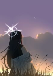  1girl absurdres artist_name baseball_cap black_hair black_hat black_shirt blue_archive clouds commentary crescent_moon from_behind grass halo hat highres jacket jacket_partially_removed kani_etizen03 long_hair moon orange_sky purple_sky saori_(blue_archive) scenery shirt sky sleeveless sleeveless_shirt solo sunset twitter_username white_halo white_jacket 