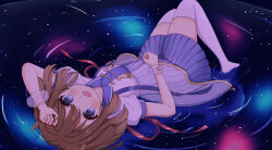 1girl absurdres antlers aurora blue_dress blue_eyes brown_hair buttons clouds constellation dress hair_ornament highres horns indie_utaite kano_(utaite) lying night on_back open_mouth puffy_short_sleeves puffy_sleeves red_ribbon ribbon shirt shooting_star short_hair short_sleeves sky solo star_(sky) star_(symbol) star_button star_cuffs star_hair_ornament starry_sky utaite virtual_youtuber white_shirt wrist_cuffs 
