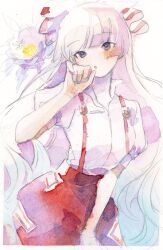  1girl black_eyes blunt_bangs blunt_ends blush bow clenched_hand collar collared_shirt contrapposto cowboy_shot flower fujiwara_no_mokou hair_bow hair_ribbon hand_on_own_thigh hand_up highres hime_cut long_hair looking_at_viewer ofuda ofuda_on_clothes open_mouth overalls pants puffy_short_sleeves puffy_sleeves red_pants ribbon ryokotyu shirt short_sleeves solo striped_clothes striped_shirt touhou vertical-striped_clothes vertical-striped_shirt watercolor_effect white_background white_hair 