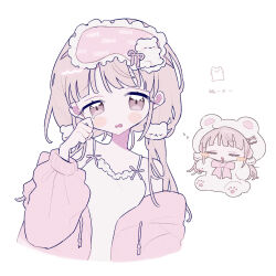  1girl :d bare_shoulders blonde_hair blush_stickers brown_eyes camisole chibi closed_eyes commentary_request cropped_torso drooling hand_up highres jacket long_hair long_sleeves looking_at_viewer low_twintails mouth_drool multiple_views niyu_(nennenkorori3) off_shoulder open_clothes open_jacket open_mouth original pink_jacket simple_background smile spaghetti_strap tearing_up twintails white_background white_camisole 