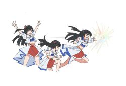  1girl :d black_hair blue_shirt boots burn!!_(love_live!) clenched_hands cropped_legs grey_eyes jacket leg_up long_hair love_live! love_live!_nijigasaki_high_school_idol_club love_live!_nijigasaki_high_school_idol_club_the_movie_-_finale midriff miniskirt one_side_up open_clothes open_jacket open_mouth puffy_short_sleeves puffy_sleeves punching red_skirt sequential shirt short-sleeved_jacket short_sleeves simple_background skirt smile taiyakippassion white_background white_boots white_jacket yuki_setsuna 