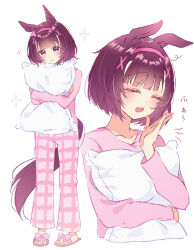  1girl absurdres animal_ears blunt_bangs blush brown_hair closed_eyes closed_mouth collarbone ear_covers hair_ornament hairband highres holding holding_pillow horse_ears horse_girl horse_tail long_sleeves looking_at_viewer morizu929 nishino_flower_(umamusume) open_mouth pajamas pants pillow pink_hairband pink_pajamas pink_pants pink_shirt shirt short_hair slippers tail umamusume violet_eyes x_hair_ornament 