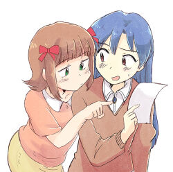  2girls amami_haruka blue_hair bow brown_eyes brown_hair brown_sweater chin_on_another's_shoulder closed_mouth green_eyes hair_bow holding holding_paper idolmaster idolmaster_(classic) kisaragi_chihaya long_hair multiple_girls multiple_hair_bows paper pink_shirt pointing red_bow shirt short_hair simple_background sweater tsubobot white_background 