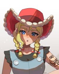  0393_piplup 1girl arm_tattoo black_shirt blonde_hair blue_eyes blue_overalls blush braid breasts collarbone commentary_request cowboy_hat denim denim_overalls freckles hat highres kitt_(pokemon) large_breasts long_hair looking_at_viewer open_mouth overalls pokemon pokemon_champions red_hat shirt simple_background sky sleeveless sleeveless_shirt solo tattoo twin_braids upper_body white_background 