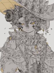  1girl animal_ears asymmetrical_bangs asymmetrical_hair bell black_hair commentary crescent curled_horns earrings facial_mark hat highres horns jewelry jingle_bell large_hat looking_down naru050319 original shirt simple_background white_shirt 