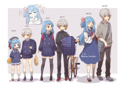  >_< 1boy 1girl :d age_progression backpack bag bell bicycle black_jacket black_pants blue_dress blue_hair blue_hat blue_sailor_collar blue_shorts border brown_shoes buttons child closed_eyes closed_mouth collared_shirt commentary_request corn_kuten cropped_torso double-parted_bangs dress full_body gakuran grey_background grey_hair grey_sweater hair_bell hair_between_eyes hair_ornament hair_ribbon hat highres iori_yuzuru jacket kotonoha_aoi long_hair long_sleeves neckerchief one_side_up open_mouth outside_border pants pinafore_dress pink_ribbon puff_of_air red_neckerchief ribbon sailor_collar sailor_dress school_uniform serafuku shadow shirt shoes short_hair shorts sleeveless sleeveless_dress smile socks standing sweater translation_request voiceroid white_border white_shirt white_socks yellow_eyes 