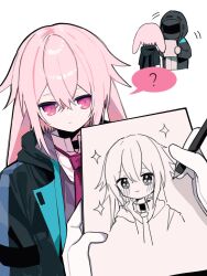  1boy 1other ? ambiguous_gender animal_ears ansel_(arknights) arknights baoshi_xiao_niao black_jacket blush chibi chibi_inset commentary_request doctor_(arknights) drawing_(action) floppy_ears highres holding holding_paper holding_pen jacket male_focus necktie open_clothes open_jacket oshi_no_ko paper pen pink_eyes pink_hair rabbit_boy rabbit_ears red_necktie shirt short_hair simple_background smile spoken_question_mark white_background white_shirt 