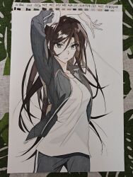  1girl absurdres arm_up breasts brown_eyes brown_hair chinese_commentary commentary_request hair_between_eyes han_yoil highres jacket long_hair looking_at_viewer open_clothes open_jacket pants shirt solo today's_han_yoil_is_a_woman track_jacket track_pants traditional_media white_shirt xioaxi_xinmanyizu 