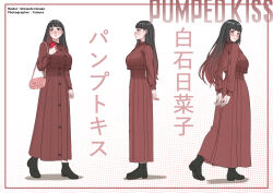  1girl absurdres amoemo bag black_hair blush boots brown_hair buttons cellphone character_name cropped_jacket dress drop_shadow from_behind from_side full_body gradient_hair hair_behind_ear highres holding holding_phone long_dress long_sleeves looking_at_viewer looking_back mixed-language_text multicolored_hair multiple_views original phone red_dress shiraishi_hinako_(amoemo) shoulder_bag smartphone standing translation_request walking 