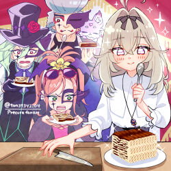 2boys 2girls ageseine animal_on_shoulder antenna_hair bat_hair_ornament black_gloves black_hat black_ribbon black_skirt black_vest blue_bow blue_bowtie bow bowtie closed_mouth coat commentary cross cross-shaped_pupils cross_facial_mark domino_mask english_text eye_mask eyewear_on_head facial_mark flower food frilled_sleeves frills frown fur-trimmed_coat fur_trim gloves goemon_(precure) green_eyes green_hair grey_hair hair_between_eyes hair_flower hair_intakes hair_ornament hair_ribbon halterneck hat high-waist_skirt high_collar holding holding_plate ice_cream ice_cream_cake jewelry knife long_hair long_sleeves looking_at_another mashu-tan mask medium_hair meitantei_precure! moria_luluka multiple_boys multiple_girls necklace nijee open_mouth pink_shirt plate ponytail precure red-framed_eyewear red_eyes red_hair ribbon saliva shirt skirt smile sparkle sunglasses symbol-shaped_pupils ton_(ton39342104) top_hat twitter_username vest violet_eyes white_shirt yellow_flower