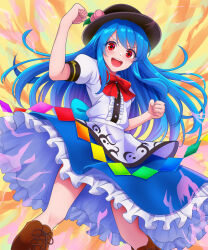  1girl :d black_hat blue_hair blue_skirt blush boots bow bowtie brown_boots clenched_hands collared_shirt commentary_request frilled_skirt frills fruit_hat_ornament hat hat_ornament highres hinanawi_tenshi kisaragi_koushi knee_boots lace-up_boots leaf_hat_ornament long_hair looking_at_viewer open_mouth peach_hat_ornament puffy_short_sleeves puffy_sleeves rainbow_order red_bow red_bowtie red_eyes shirt short_sleeves skirt smile solo touhou very_long_hair white_shirt 