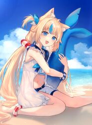  1girl absurdres animal_ears beach blonde_hair blue_eyes blue_hair blue_sky cat_ears clouds cloudy_sky commentary doll fins fish_girl fish_tail hair_ornament highres holding holding_doll hugging_own_tail hugging_tail indie_virtual_youtuber long_hair multicolored_hair navel ocean sameko_saba sameko_saba_(1st_costume) sitting sky solo swimsuit tail virtual_youtuber wariza water yuma_(yuma880905) 