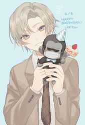  1boy arms_up blue_eyes blush brown_necktie brown_suit cake collared_shirt commentary_request dated earrings english_text food forehead fork gorilla hair_between_eyes happy_birthday hat heart highres holding holding_stuffed_toy jacket jewelry kowata_shunki_(megechan) light_blush long_sleeves looking_at_viewer male_focus mask mege_(megechan) mouth_mask necktie original party_hat shirt short_hair simple_background smile solo stuffed_toy suit suit_jacket teeth upper_body white_background white_hair white_shirt 