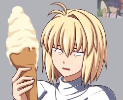  1girl absurdres antenna_hair arcueid_brunestud blonde_hair confused food highres holding holding_food holding_ice_cream holding_ice_cream_cone ice_cream ice_cream_cone jewelry melting_ice_cream necklace open_mouth photo-referenced sakura_taisen sakurello shinguuji_sakura short_hair sidelocks sweater tsukihime tsukihime_(remake) turtleneck turtleneck_sweater white_sweater 