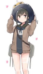  1girl absurdres adapted_costume black_hair black_hat black_one-piece_swimsuit blush brown_cardigan cardigan closed_mouth commentary_request feet_out_of_frame fubuki_(kancolle) fubuki_kai_ni_(kancolle) green_eyes hair_between_eyes halloween halloween_costume hat highres kantai_collection long_sleeves ma_rukan one-piece_swimsuit open_cardigan open_clothes ponytail rigging school_swimsuit ship_turret short_hair short_ponytail signature simple_background solo swimsuit swimsuit_under_clothes white_background witch_hat 