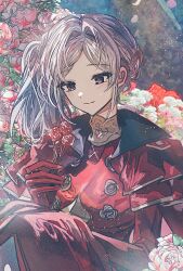  1girl bad_id bad_twitter_id bush cape closed_mouth collared_cape dress edelgard_von_hresvelg edelgard_von_hresvelg_(timeskip) fire_emblem fire_emblem:_three_houses flower grey_hair happy head_tilt high_collar highres holding holding_flower knees_up light_blush light_smile looking_down official_alternate_costume official_alternate_hairstyle outdoors red_cape red_dress red_flower rose sanya_(hwanmul) side_ponytail sitting solo upper_body violet_eyes 
