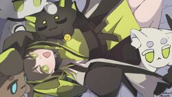  1girl :d absurdres amiya_(arknights) arknights black_hair black_jacket character_doll choshanland_plushy_(arknights) commentary crotch3t doll dress english_commentary fang green_dress green_eyes green_streaks highres jacket kal'tsit_(arknights) long_hair lying mon3tr_(arknights) multicolored_hair on_back open_clothes open_jacket open_mouth skin_fang sleeves_past_fingers sleeves_past_wrists smile solo streaked_hair uwu 