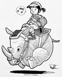  1girl animal artist_name backpack bag baseball_cap beamed_eighth_notes commentary dated flower greyscale hat hatching_(texture) holding holding_reins layered_sleeves linear_hatching long_sleeves midair monochrome musical_note open_mouth original pants ponytail reins rhinoceros riding riding_animal running saddle shadow shirt shoes short_over_long_sleeves short_ponytail short_sleeves simple_background smile socks solo speech_bubble spoken_musical_note striped_clothes striped_shirt striped_socks traditional_media white_background zpihr6jprso2r2l 