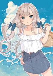  1girl alternate_costume bag blue_bow blue_eyes blue_skirt blue_sky bow braid clouds commentary_request commission cowboy_shot denim denim_skirt frilled_shirt frills grey_hair half_up_braid hand_on_own_hip kantai_collection long_hair looking_at_viewer low_twintails maryland_(kancolle) mitsuyo_(mituyo324) shirt skirt sky solo twintails white_shirt 