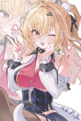  1girl ahoge bare_shoulders blonde_hair blush breasts chalky_(zenless_zone_zero) cissia_(zenless_zone_zero) commentary detached_sleeves fangs geumxxi hair_between_eyes hair_ornament highres long_hair looking_at_viewer one_eye_closed open_mouth pink_nails police_badge pom_pom_(clothes) pom_pom_hair_ornament red_eyes simple_background snake snake_girl snake_tail solo tail under_boob untranslatable_commentary v white_background white_snake zenless_zone_zero 