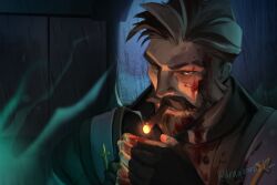  1boy absurdres beard black_beard black_hair blood blood_on_face cigar clerical_collar cross crucifix deadlock_(game) dragonroilz facial_hair fingerless_gloves gloves highres male_focus multicolored_hair mustache priest scar scar_on_face smoking venator_(deadlock) white_hair 