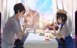  1boy 1girl absurdres black_hair blue_skirt brown_hair building cake car closed_eyes commentary cup curtains food from_side hetero highres holding holding_cup ike_0910 indoors kobato_jougorou motor_vehicle osanai_yuki plate red_eyes shirt shoushimin_series sitting skirt sky sunlight table tablecloth untranslatable_commentary vase window 