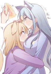  2girls ? animal_ears bang_dream! bang_dream!_it's_mygo!!!!! blonde_hair blue_hair blue_shirt blush cat_ears chinese_commentary commentary_request dog_ears dog_girl dog_tail grabbing_another's_ear hand_on_another's_ear highres kemonomimi_mode long_hair medium_hair misumi_uika multiple_girls purple_shirt shirt simple_background sunny_day_9797 tail togawa_sakiko violet_eyes white_background yellow_eyes yuri 