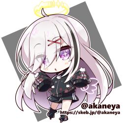  1girl :o ahoge akaneya black_jacket black_shoes black_shorts black_socks black_streaks blush_stickers border character_request commentary_request commission copyright_request eyes_visible_through_hair full_body grey_background hair_between_eyes hair_ornament halo hands_up jacket long_hair long_sleeves looking_at_viewer lowres multicolored_hair open_mouth outline outside_border pink_eyes pink_hair shoes shorts simple_background skeb_commission sleeves_past_fingers sleeves_past_wrists socks solo standing streaked_hair track_jacket twitter_username very_long_hair web_address white_border white_outline x_hair_ornament yellow_halo 