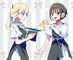  2girls :d bare_shoulders black_dress black_hair black_hat blonde_hair blue_eyes blush closed_mouth commentary_request cowboy_shot dress grey_background hat holding holding_unworn_clothes holding_unworn_hat itomugi-kun long_hair multiple_girls nekoyashiki_mayu nekoyashiki_yuki off-shoulder_shirt off_shoulder open_mouth outline pinafore_dress precure shirt short_hair siblings sidelocks sisters sleeveless sleeveless_dress smile streamers striped_background top_hat unworn_hat unworn_headwear vertical-striped_background white_shirt wonderful_precure! yellow_outline 