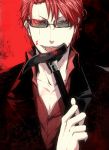  akabayashi blood bust cane collarbone durarara!! glasses highres licking open_collar red_eyes red_hair redhead s_tanly scar solo 