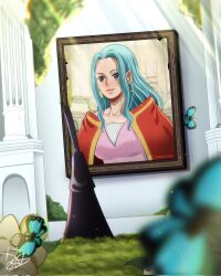  1boy artist_name black_robe blue_butterfly blue_hair brown_eyes bug butterfly closed_mouth collarbone commentary earrings english_commentary flower full_body grass highres hoop_earrings iamosix2 imu_(one_piece) indoors instagram_logo instagram_username jewelry long_hair looking_at_object male_focus nefertari_d._lily one_piece painting_(object) pink_shirt portrait_(object) robe shirt signature silhouette solo standing twitter_logo twitter_username yellow_flower 