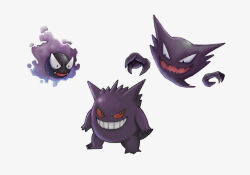  :d black_eyes bright_pupils colored_sclera commentary_request ea_devilbaby evolutionary_line fangs gastly gengar ghost_type_theme_(pokemon) grin haunter highres no_humans open_mouth pokemon pokemon_(creature) pokemon_focus red_sclera simple_background smile teeth white_background white_pupils 