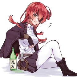  1girl asami_makiko_(heaven_burns_red) black_boots black_gloves black_skirt blush boots bottle breasts collared_shirt commentary_request eyepatch fingerless_gloves flipped_hair from_side gloves grin heaven_burns_red holding holding_bottle jacket jacket_on_shoulders knee_up large_breasts long_hair looking_at_viewer miniskirt notice_lines one_eye_covered pantyhose pleated_skirt red_hair sake_bottle shirt simple_background siromochino sitting skirt smile solo tokkuri white_background white_pantyhose white_shirt yellow_eyes 
