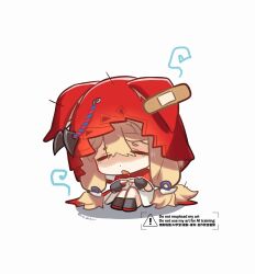  1girl absurdres animal_ears arknights arknights:_endfield artist_name bandaid black_gloves black_socks blonde_hair cape chibi chibi_only closed_eyes commentary_request crossed_bandaids fingerless_gloves gloves highres hood hood_up hooded_cape index_fingers_together long_hair niuniu_(uo_dekka) open_mouth red_cape rossi_(arknights) simple_background sitting socks solo tail twitter_username white_background wolf_ears wolf_girl wolf_tail 