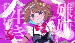  1girl animal_ears black_dress blue_eyes bow bowtie brown_hair choker cuffs dress frilled_shirt frills hair_ornament hairclip handcuffs headband heart heart_hair_ornament highres indie_utaite kano_(utaite) pink_background pink_bow puffy_short_sleeves puffy_sleeves rabbit_ears shirt short_hair short_sleeves solo sparkle star_(symbol) star_hair_ornament star_print white_shirt wristband 