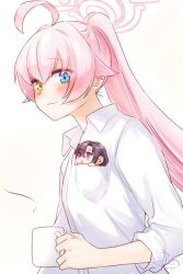  2girls ahoge black_hair blue_archive blue_eyes blush breast_pocket closed_mouth collared_shirt commentary cup female_sensei_(blue_archive) from_side halo heterochromia highres holding holding_cup hoshino_(blue_archive) long_hair mini_person mini_person_in_pocket minigirl multiple_girls pink_hair pink_halo pocket ponytail rarasa sensei_(blue_archive) shirt smile untranslatable_commentary violet_eyes white_background white_shirt yellow_eyes 
