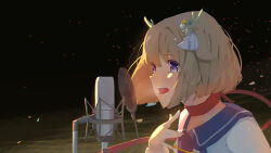  1girl absurdres antlers black_background blue_choker blue_eyes brown_hair choker dark_background deer_antlers dress glowing hair_ornament hairclip hand_up highres horns indie_utaite kano_(utaite) microphone music open_mouth pop_filter profile sailor_collar short_hair short_sleeves singing solo sparks stage_lights star_(symbol) star_hair_ornament studio_microphone upper_body violet_eyes 
