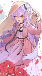  1girl black_choker character_request chinese_clothes choker commentary_request copyright_request cropped_jacket dress earrings falling_petals fang flower hair_bun hair_flower hair_ornament hairclip hanbok hanfu highres jacket jewelry korean_clothes korean_commentary long_hair long_sleeves looking_at_viewer nail_polish open_mouth petals pink_dress purple_hair purple_nails red_flower smile solo tassel very_long_hair virtual_youtuber yaong62271451 yellow_eyes 