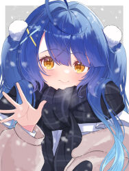  1girl ahoge amamiya_kokoro black_scarf blue_hair blunt_bangs border brown_jacket closed_mouth commentary_request ea_3h frills fur_jacket grey_background hair_ornament hand_up highres jacket long_hair long_sleeves looking_at_viewer nijisanji plaid_clothes plaid_scarf pom_pom_(clothes) pom_pom_hair_ornament scarf shirt simple_background smile snowing solo two_side_up upper_body virtual_youtuber waving white_border white_shirt yellow_eyes 