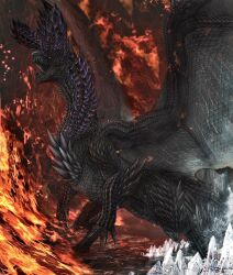  absurdres alatreon black_scales colored_sclera commentary_request dragon dragon_wings electricity fire highres horns ice monster monster_hunter_(series) monster_hunter_3 no_humans nutuki open_mouth red_sclera scales sharp_teeth spikes teeth tusks western_dragon wings yellow_eyes 