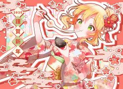  1girl :t absurdres black_nails blonde_hair blush border bowl chopsticks commentary_request double-parted_bangs dutch_angle eyelashes floral_print floral_print_kimono flower food green_eyes hair_bun happy_new_year highres holding holding_bowl holding_chopsticks hoshii_miki idolmaster idolmaster_(classic) japanese_clothes kimono long_hair mochi mochi_trail multicolored_nails outline outside_border pink_kimono pink_nails print_kimono red_border red_nails sidelocks solo star-shaped_pupils star_(symbol) suruga_tou symbol-shaped_pupils white_outline 