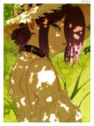  1girl black_choker chainsaw_man choker closed_mouth dappled_sunlight earrings green_eyes grenade_pin hair_over_one_eye hat highres jewelry light_smile looking_at_viewer mccheese purple_hair reze_(chainsaw_man) solo sun_hat sunlight 